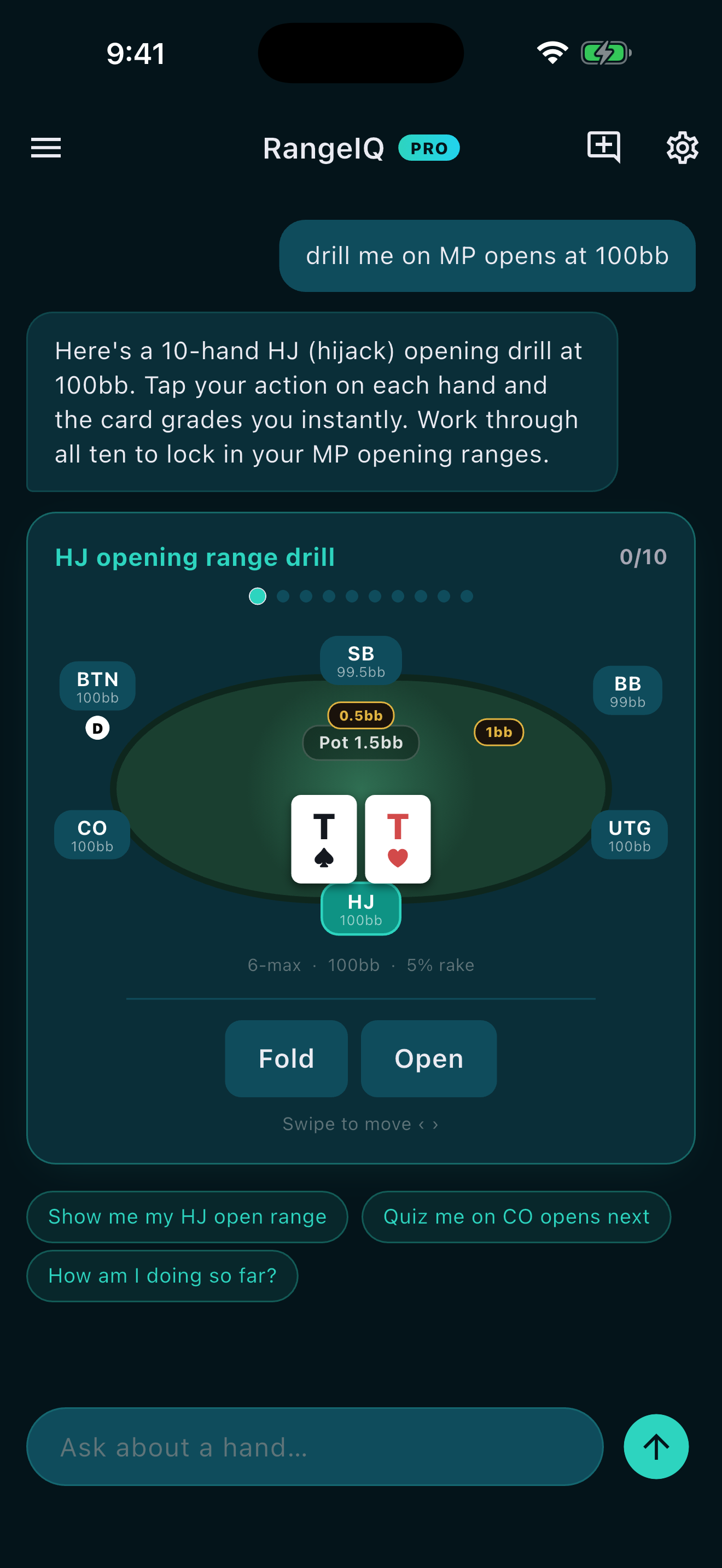 RangeIQ drill deck showing a preflop hand question with raise, call, fold options