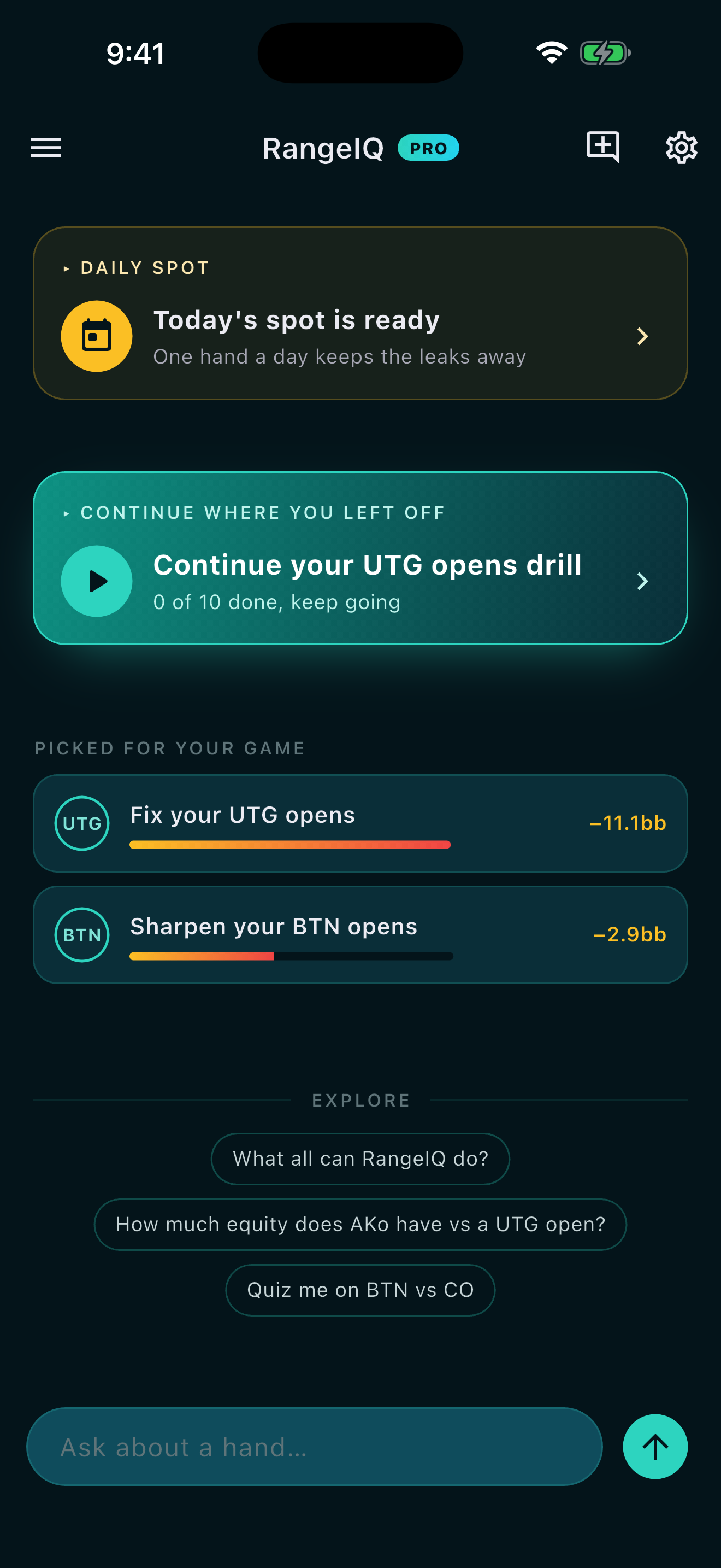 RangeIQ chat coach home screen showing plain English poker question input