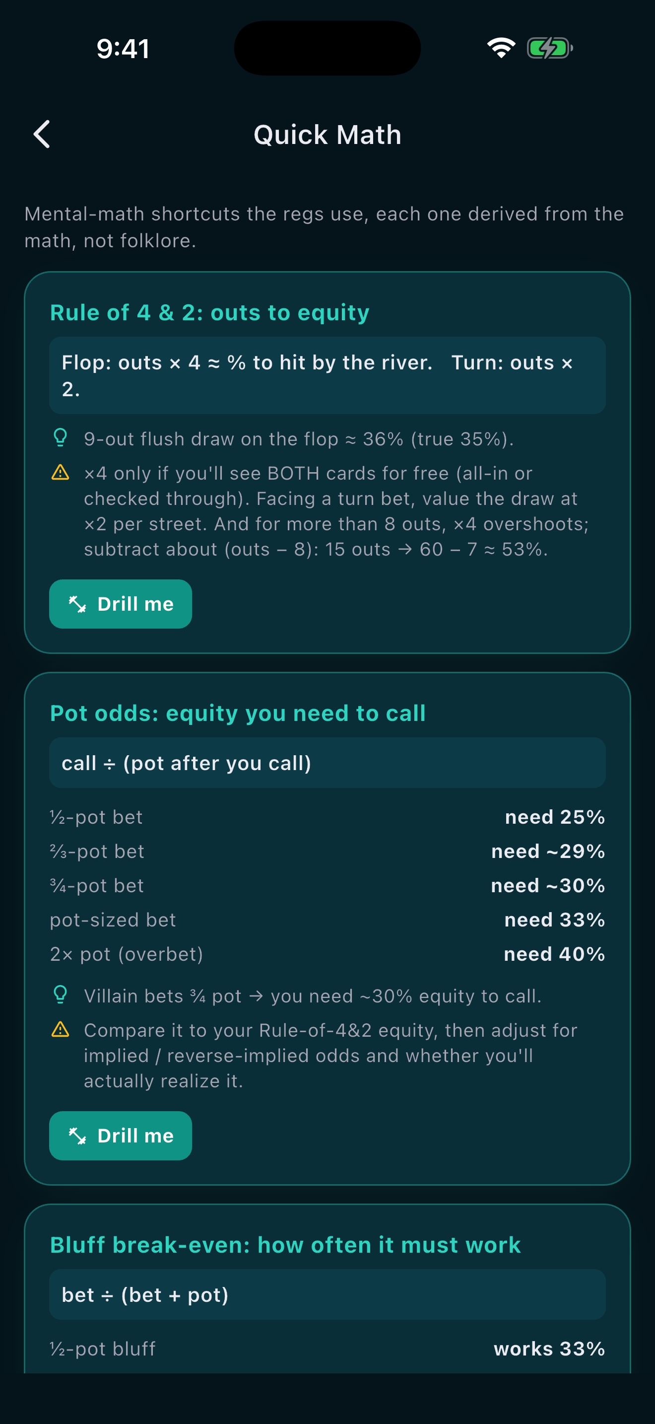 Poker pot odds and equity shortcuts shown in the RangeIQ Quick Math reference screen