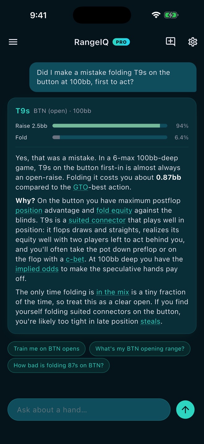 Poker pot odds and equity shortcuts shown in the RangeIQ Quick Math reference screen