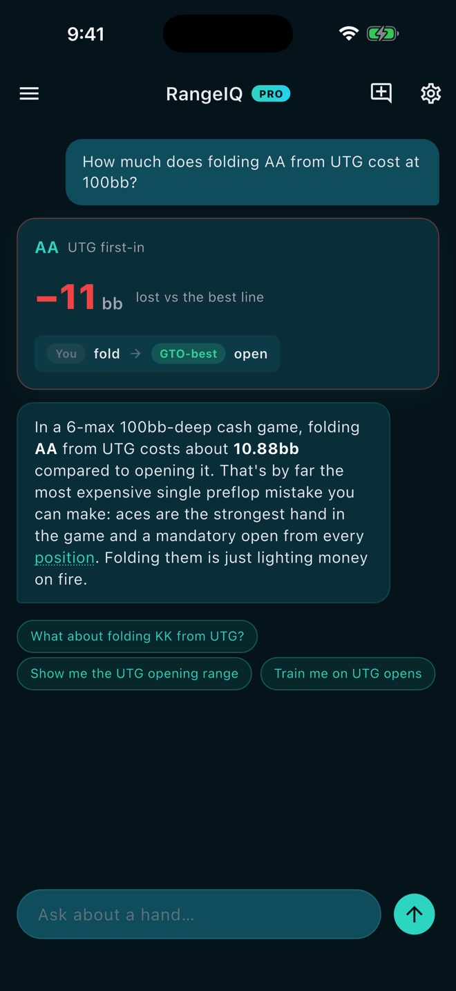 Cost of a preflop mistake shown in big blinds in the RangeIQ app
