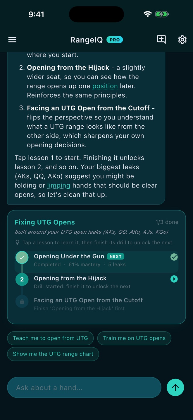 RangeIQ personalized course map showing a numbered lesson path with drill unlocks