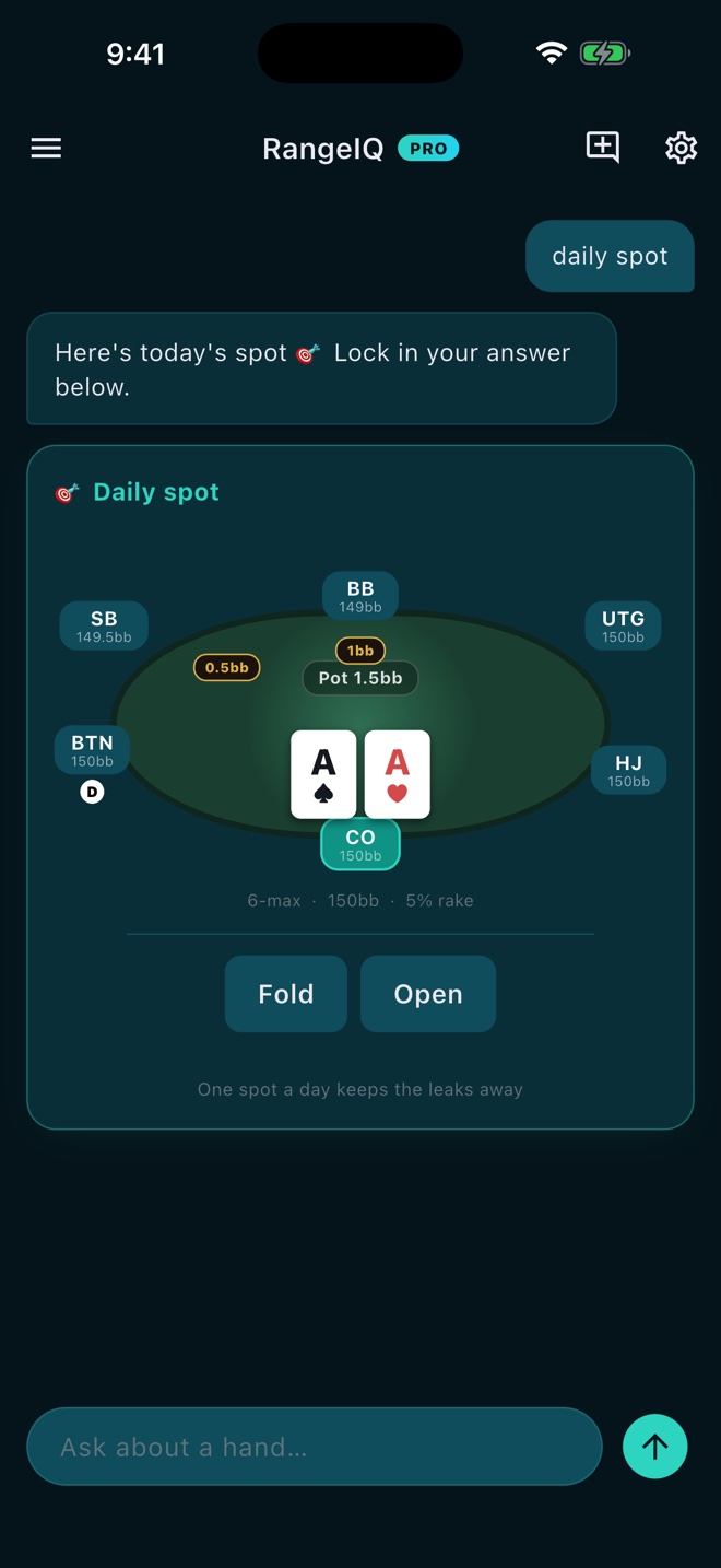 RangeIQ Daily Spot card showing today's poker hand quiz