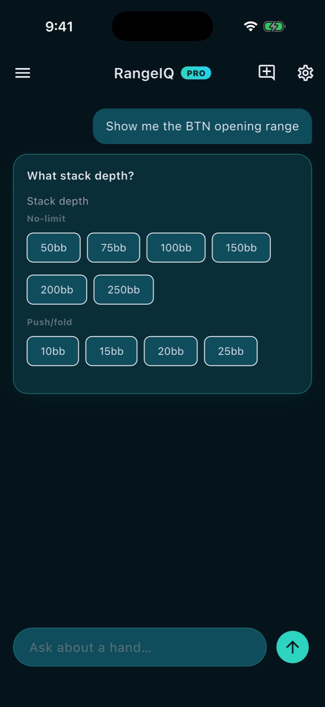 The stack depth picker in RangeIQ showing all ten served depths