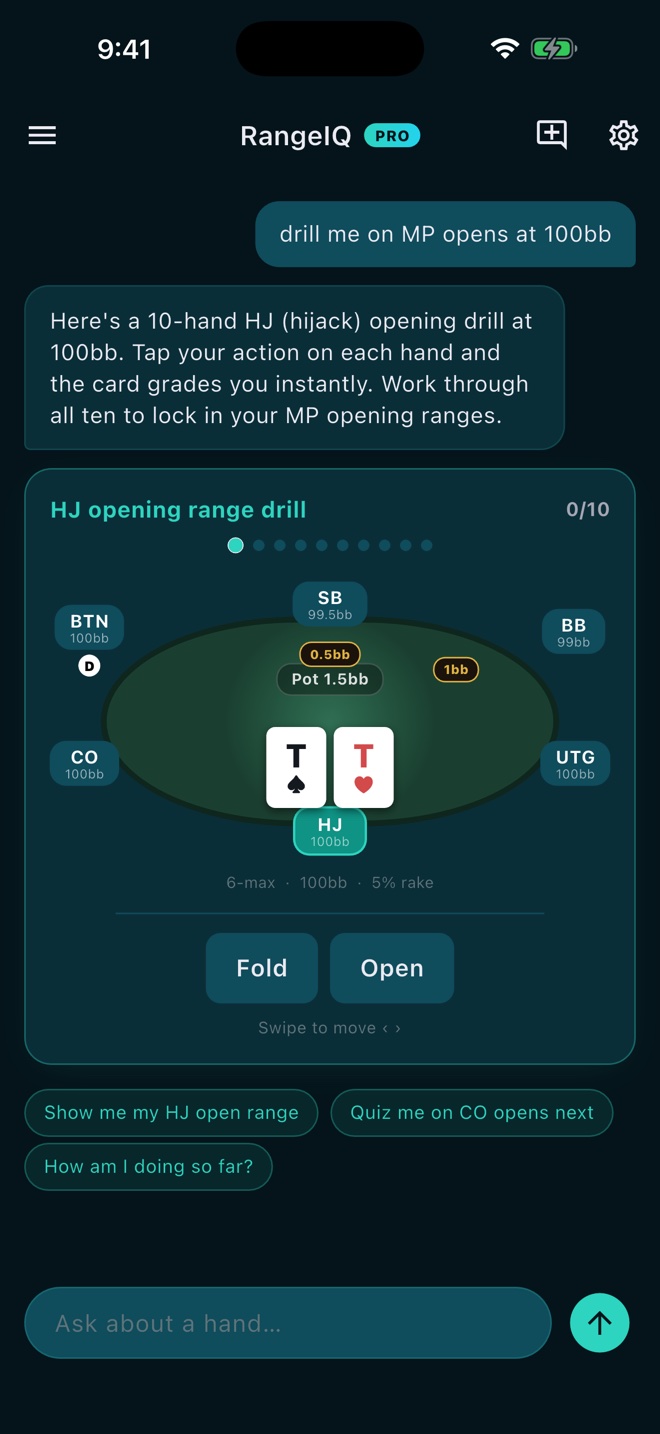RangeIQ drill deck showing a preflop question with chip-based answer options