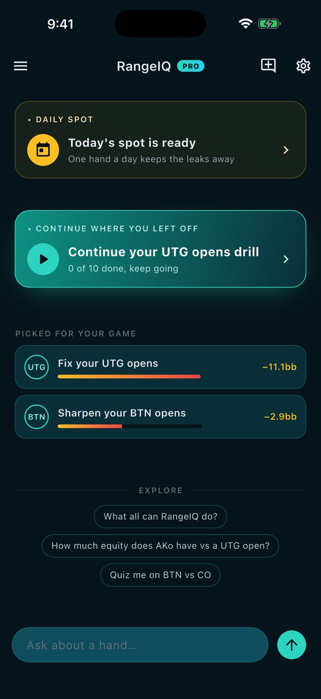 RangeIQ chat coach home screen showing plain English poker question input