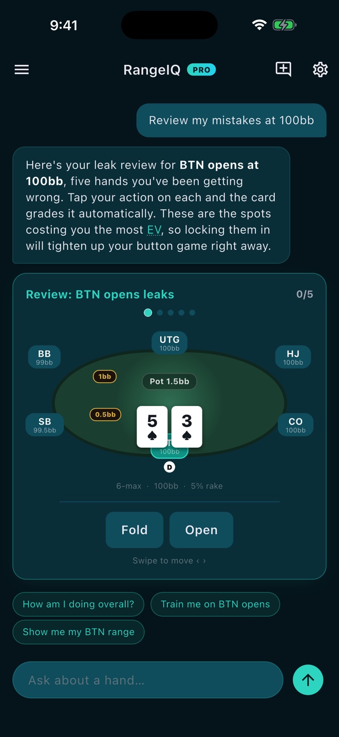 RangeIQ review my mistakes screen showing leak hands built into a drill deck