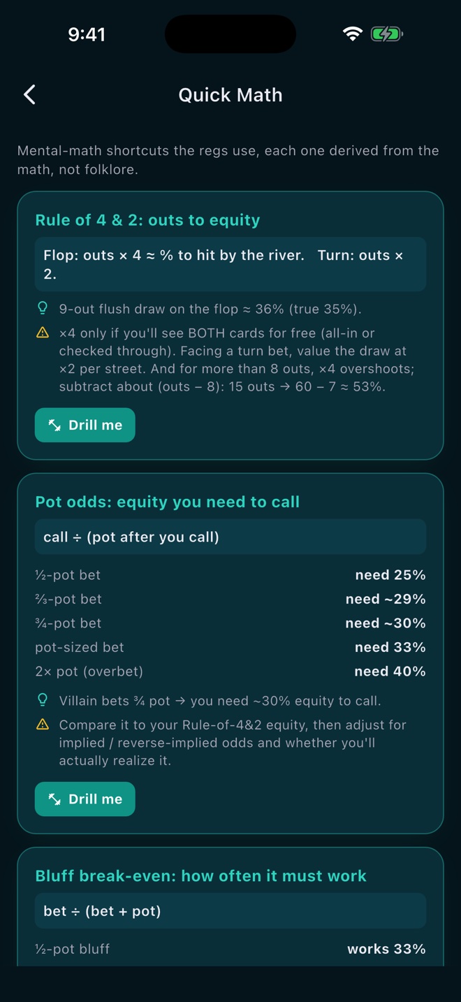 RangeIQ Quick Math screen showing MDF and other mental math shortcuts